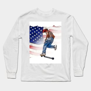 Patriotic Scooter Rider and US Flag Artwork Long Sleeve T-Shirt